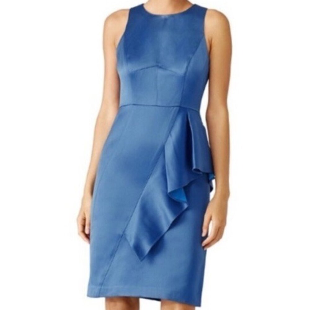 NWT  Shoshanna Women's Blue Tara Ruffle Satin Jacquard Midi Dress Size 0